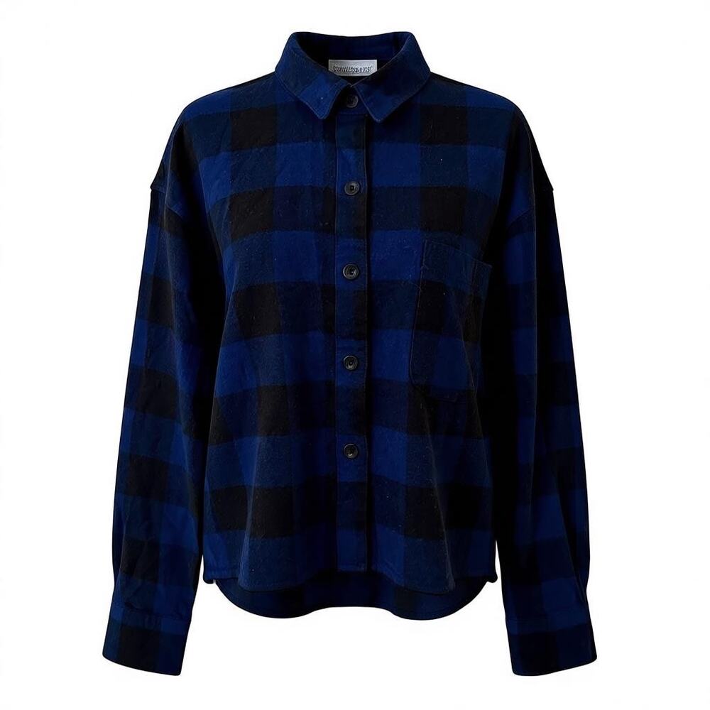 Wild Fable Women Dark Blue Button Front Long Sleeve Checker Flannel Shirt Size L